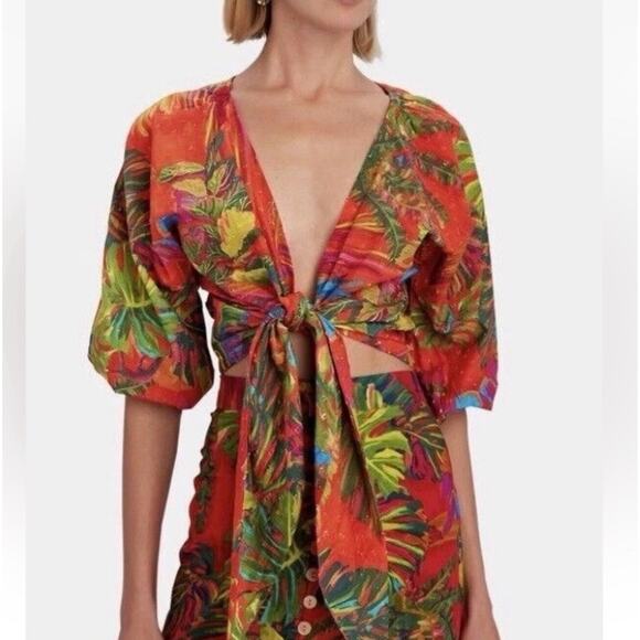 Farm Rio Womens Urgan Jungle Tie-Front Top Size M Colorful Tropical Resort Beach - Picture 6 of 16